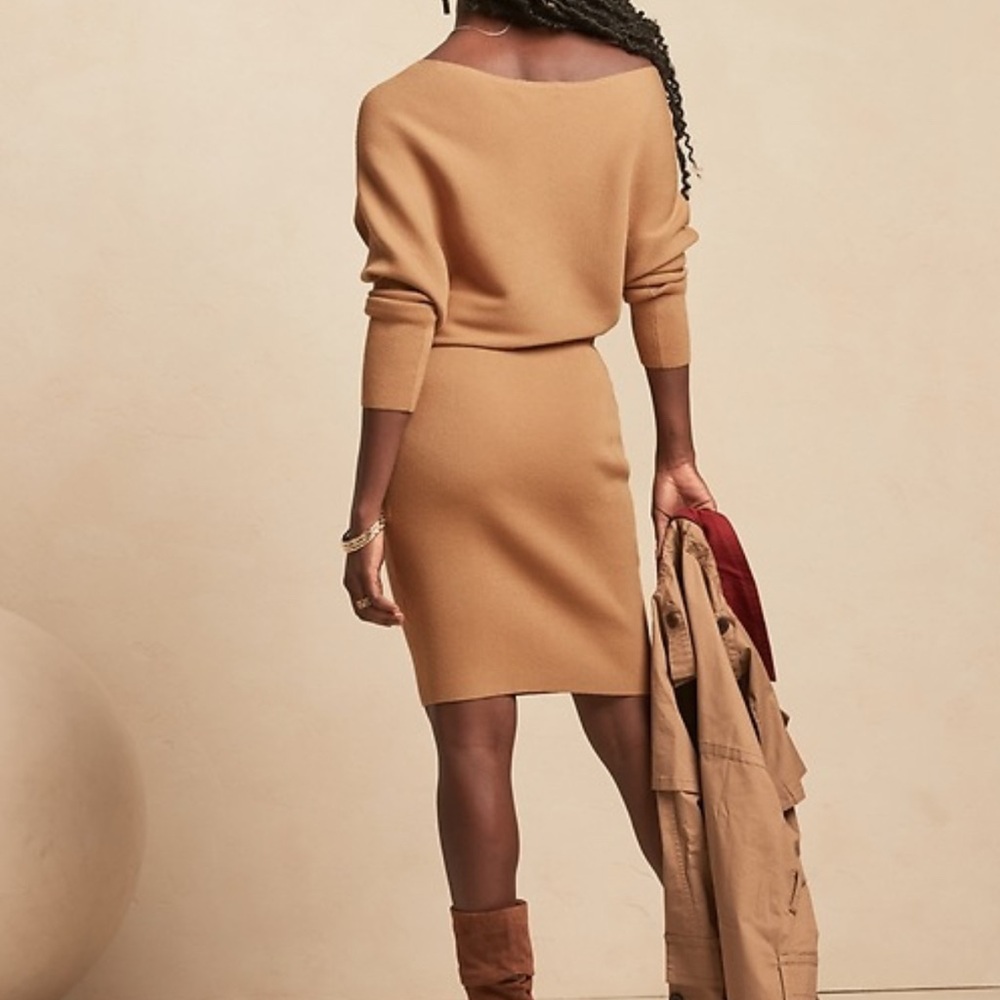 Banana Republic NWT Colleta Off-Shoulder Camel Color Sweater Dress | Size Large